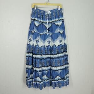 Vtg Millenium Midi Skirt Women M Blue White Tribal Boho Lined Tie Strech Waist